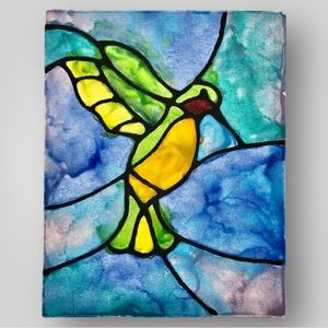 “Hummingbird” Original Multimedia Artwork On Flat Canvas 8”x10”